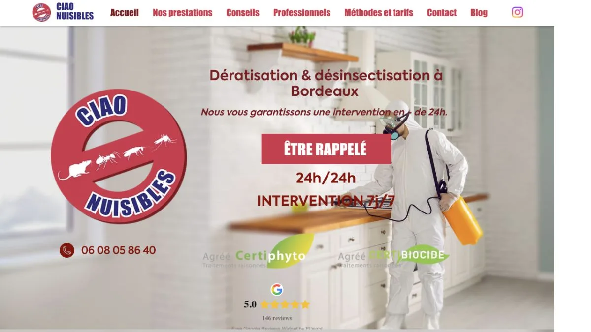 Aperçu du site officiel de Ciao Nuisibles