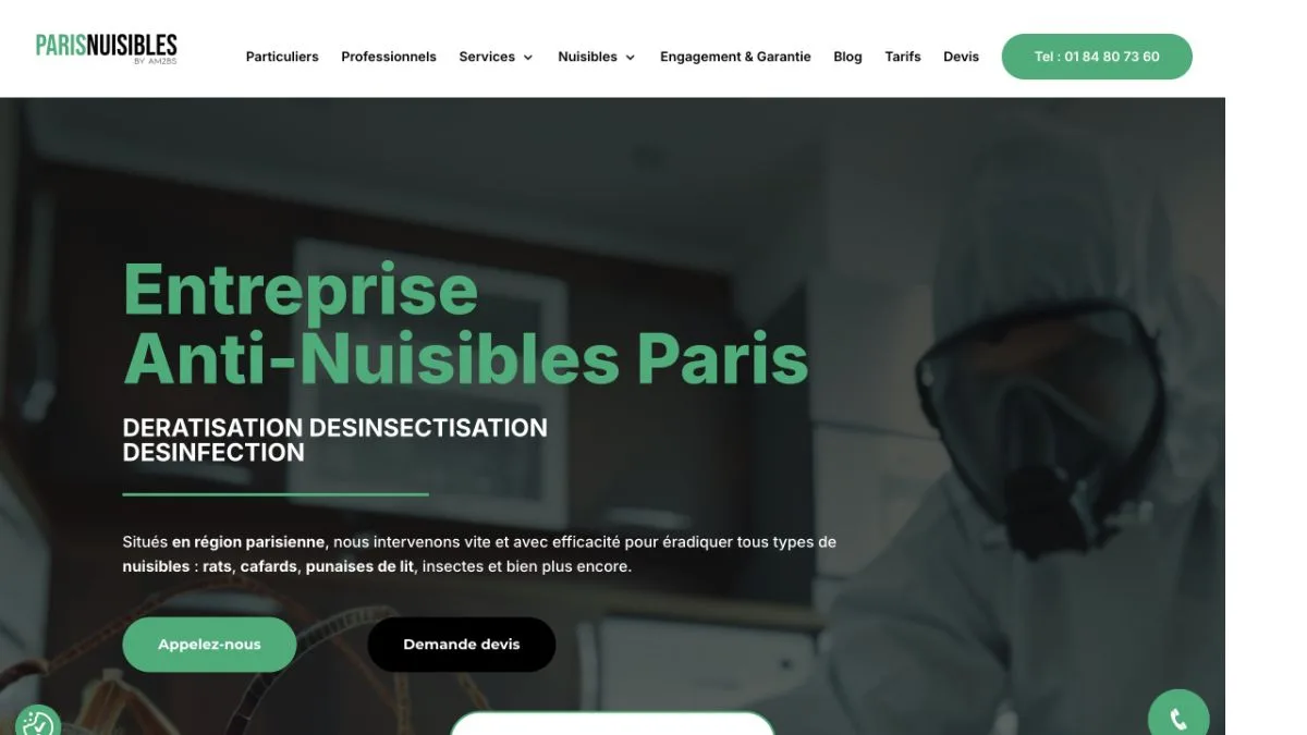 Aperçu du site officiel de Paris Nuisibles