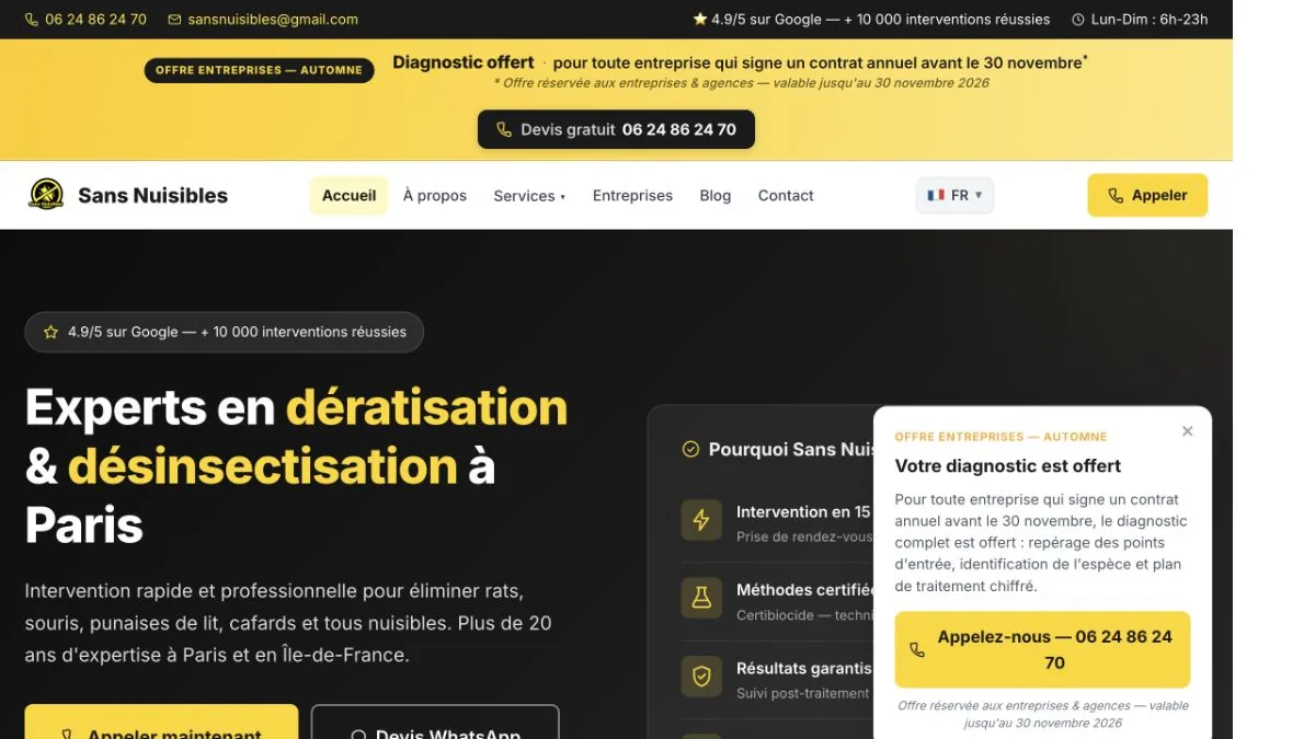 Aperçu du site officiel de Sans Nuisibles