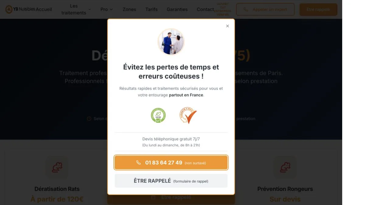 Aperçu du site officiel de YB Nuisibles